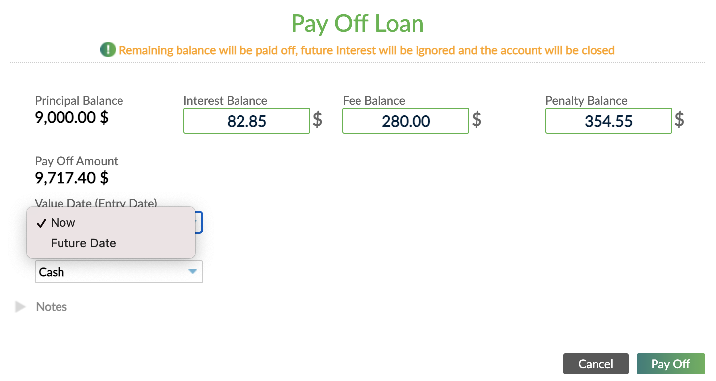 Payoff value date options - Now or future date
